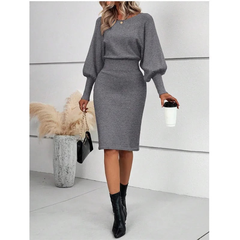 Women's long sleeve Eva dress elegant figure-flattering silhouette soft breathable fabric round neckline