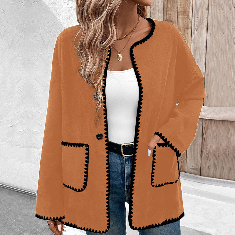 Women's oversized colorblock fleece coat black orange white brown long sleeves with pockets