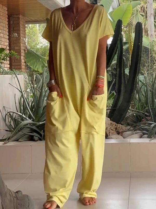 Women's cotton casual V-neck jumpsuit solid color short sleeve relaxed fit warm-weather one-piece
