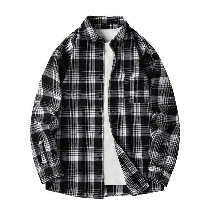 Men's relaxed-fit plaid flannel shirt in classic multicolor check soft cotton blend layering essential