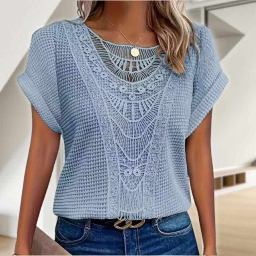 Women's white lace patchwork hollow short sleeve top with feather-light breathable fabric