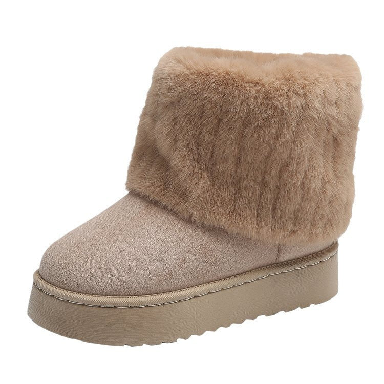 Women's brown fur trim ankle boots with cozy plush lining, stylish cold-weather winter footwear