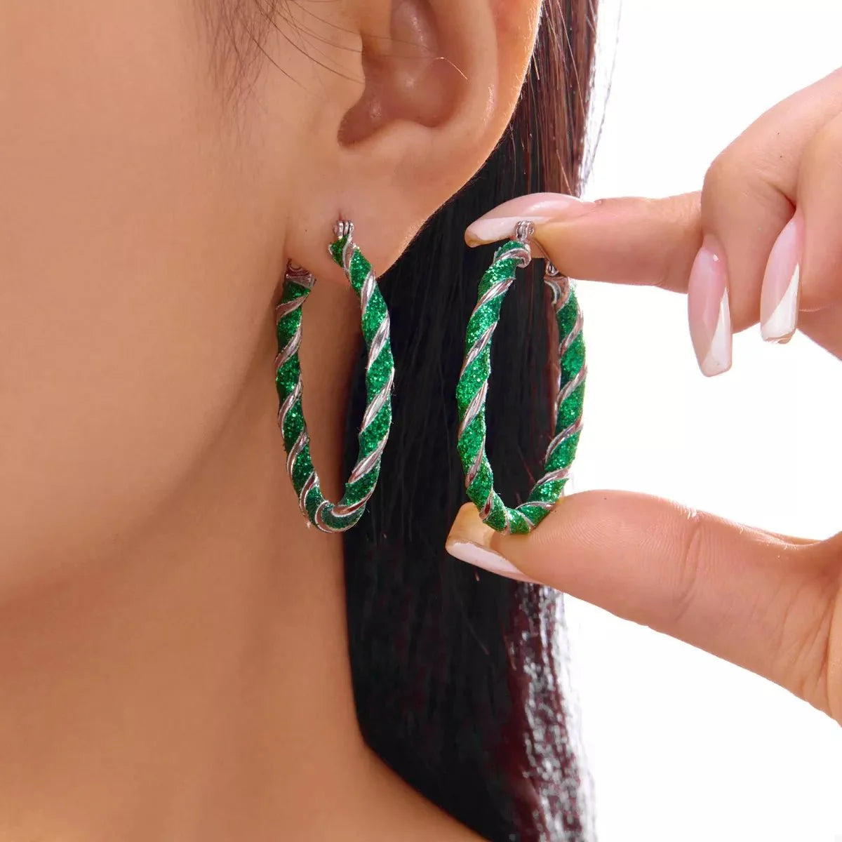 Red silver twisted candy cane hoop earrings festive holiday spiral alloy lightweight Christmas gift