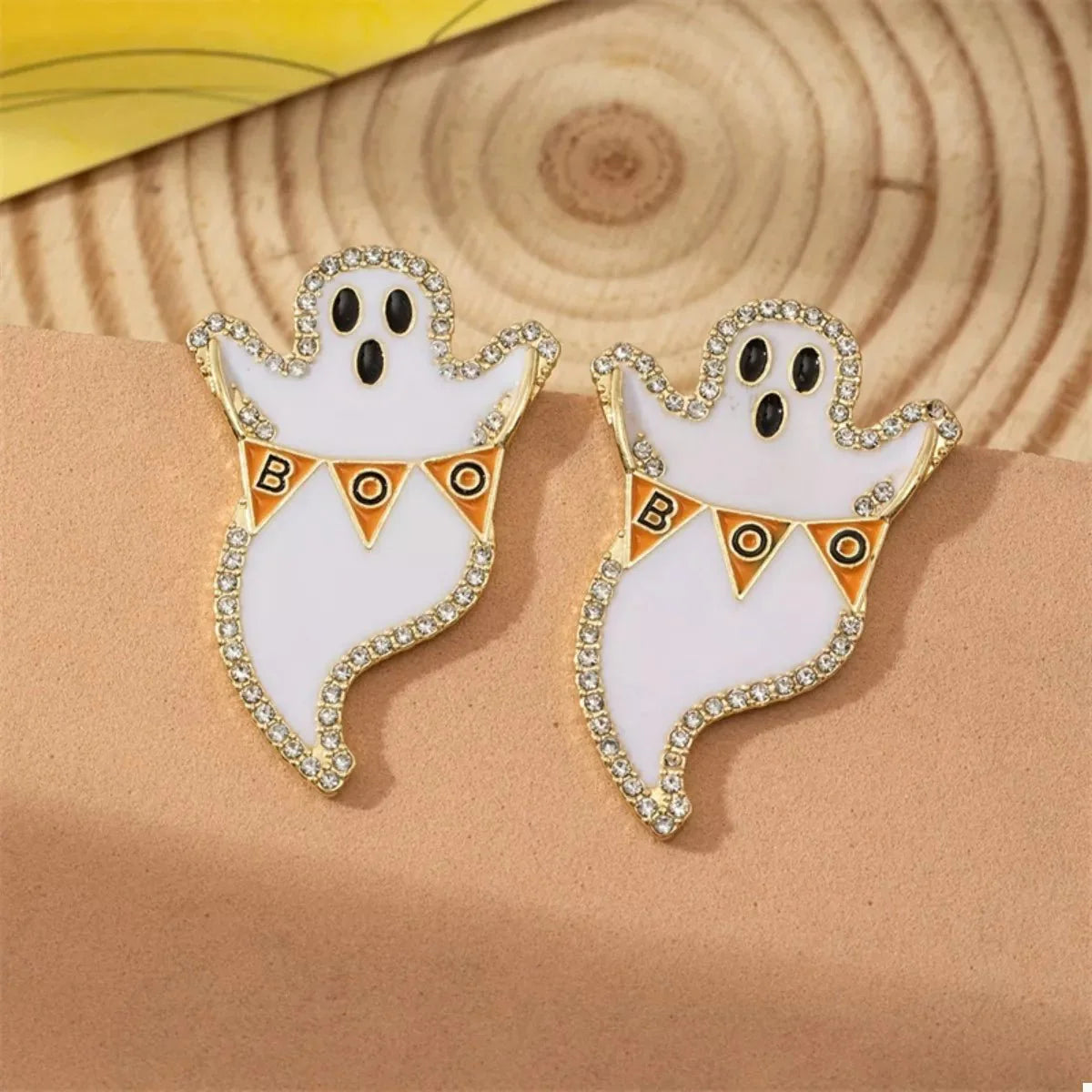 Gold-plated Halloween ghost pumpkin dangle earrings with rhinestone accents, lightweight costume party jewelry