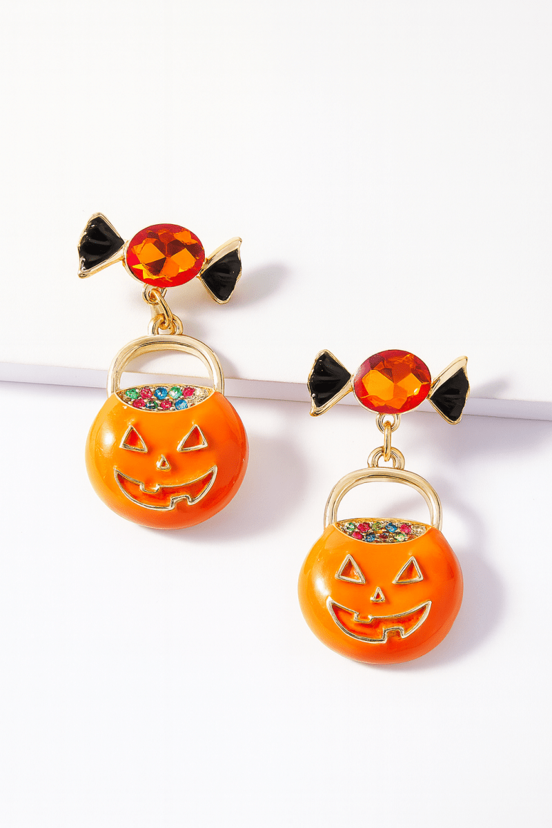 Earrings Halloween Pumpkin Dangle 18K Gold Rhinestone Pair - Urbann-Vibe