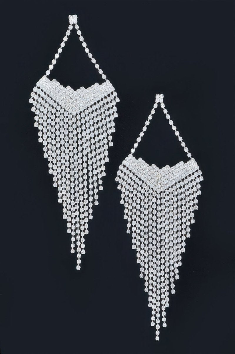 Glamorous long rhinestone fringe drop earrings Gatsby 1920s vintage style formal evening wear 5.25in