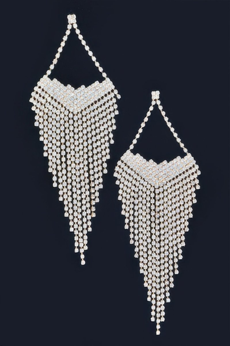 Glamorous long rhinestone fringe drop earrings Gatsby vintage 1920s formal evening style 5.25 inches