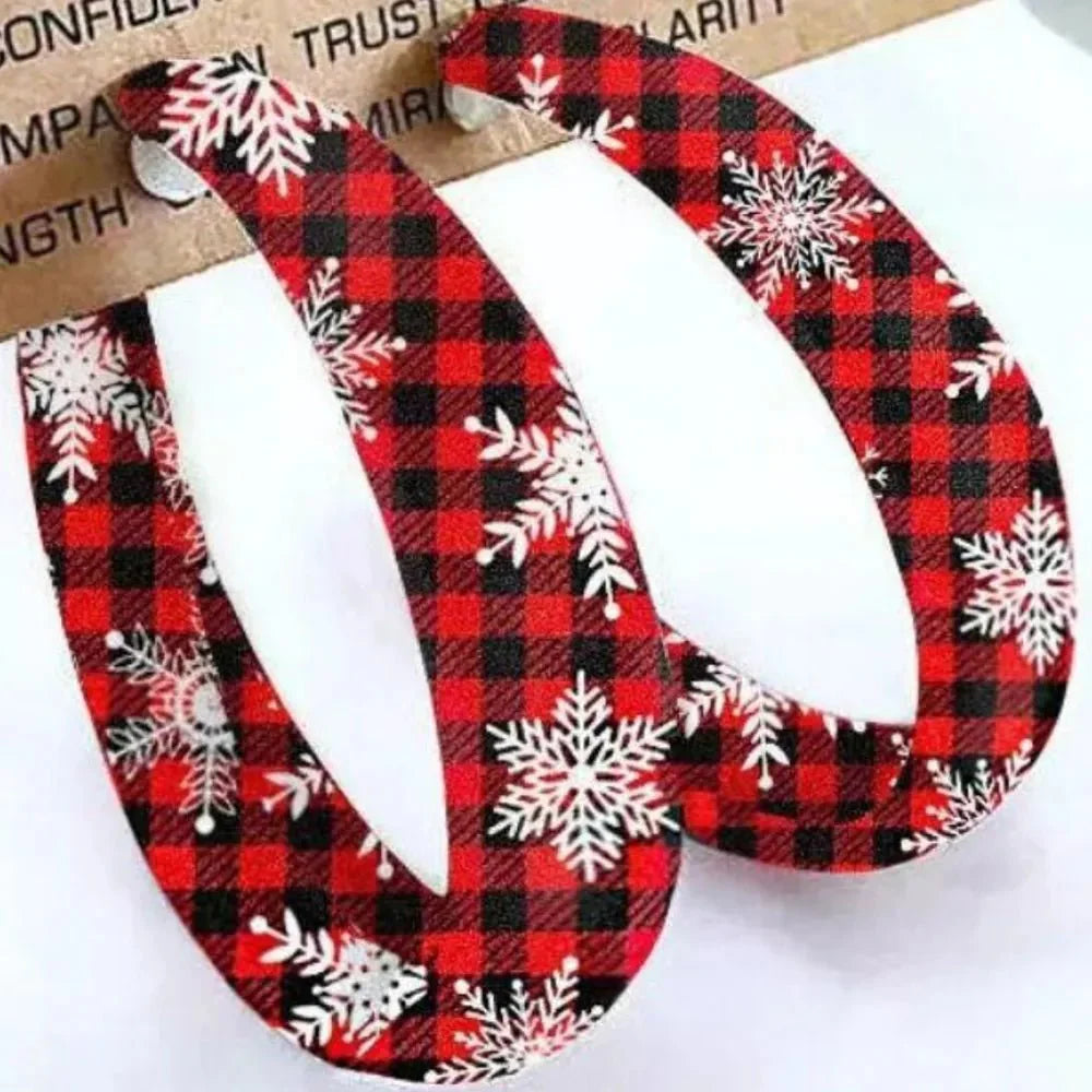 Red black plaid PU leather hoop earrings lightweight rustic fall style bold seasonal accessory
