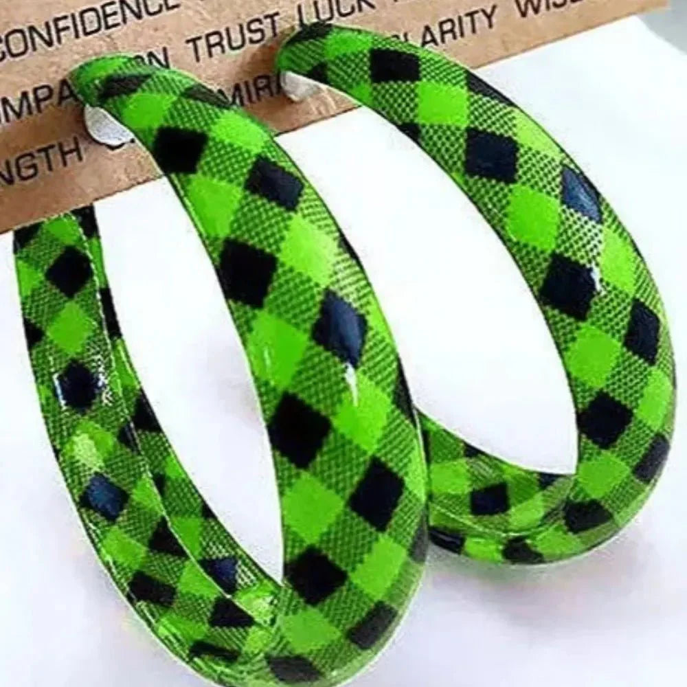 Red black plaid PU leather hoop earrings lightweight rustic fall style seasonal accessory