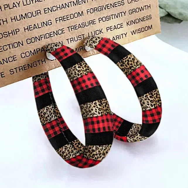Red black plaid PU leather hoop earrings lightweight rustic fall style seasonal accessory