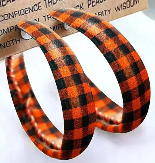 Red black plaid PU leather hoop earrings lightweight rustic fall style bold seasonal accessory
