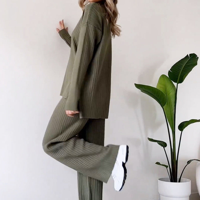 Women's turtleneck knit dress set in neutral tones, casual chic straight-leg pants coordinated look