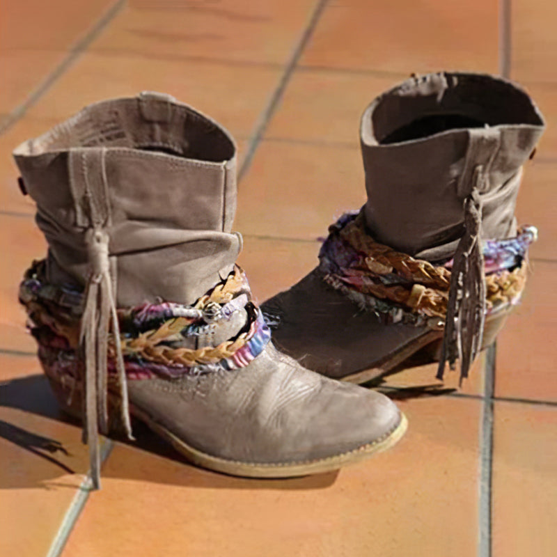 Women's vintage western tassel ankle boots with braided fringe detail and 6-8cm block heel