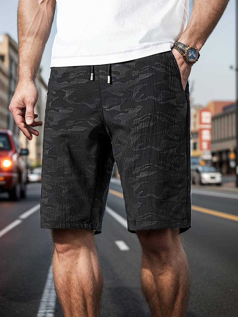 Men's camo print breathable drawstring shorts with adjustable waistband for active lightweight comfort