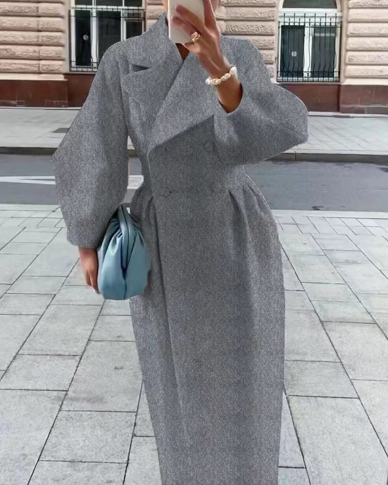 Women's vintage long coat with lantern sleeves, elegant retro classic silhouette, lightweight polyester