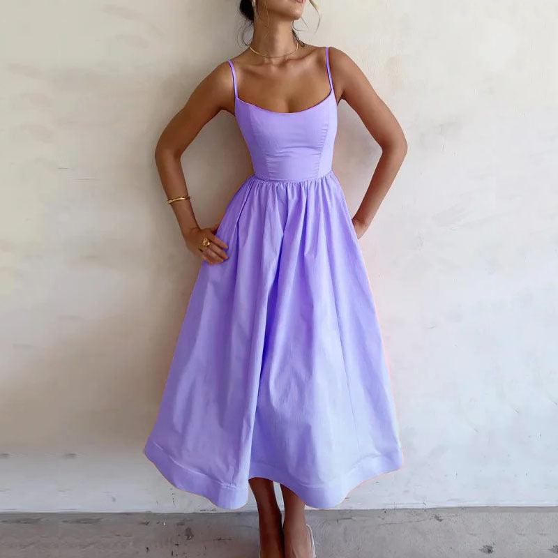 Solid color sleeveless midi dress with pleated high waist and large swing skirt, elegant women's style
