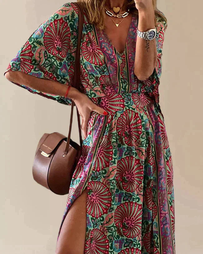 Floral V-neck maxi dress loose fit high slit bohemian style breezy comfort for women