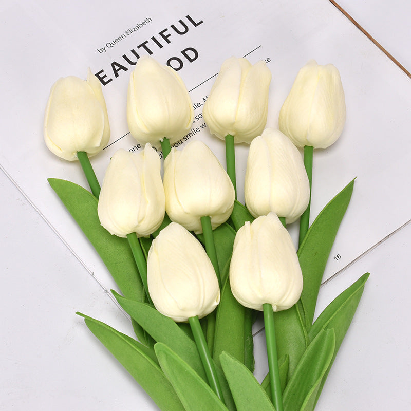 Yellow artificial tulip bouquet with realistic green leaf detailing and soft-touch petals for home decor
