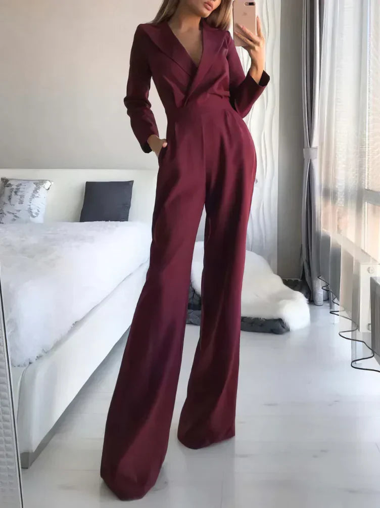 Women's black wide-leg jumpsuit tailored V-neck long sleeves elegant silhouette
