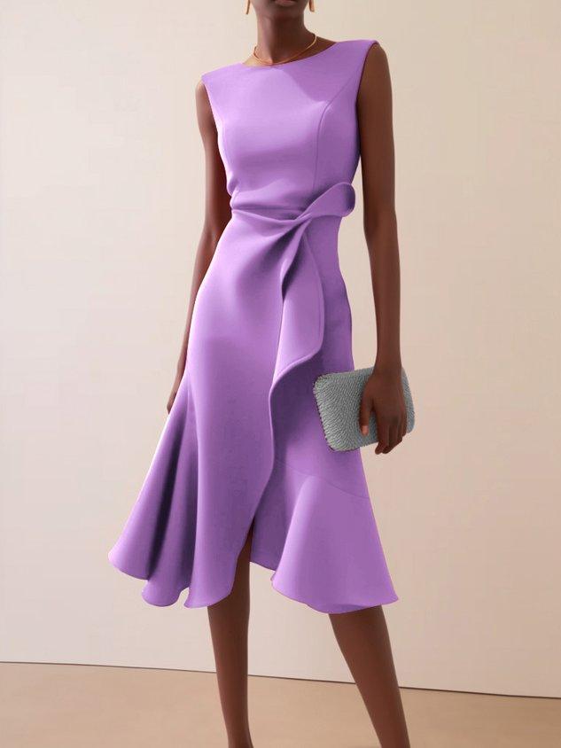 Red sleeveless midi dress with ruched twist waist, fluid A-line silhouette for day-to-night wear