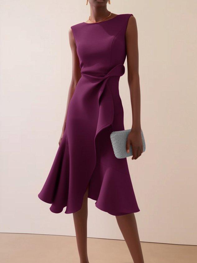 Red sleeveless midi dress with ruched twist waist, A-line silhouette for day-to-night elegance
