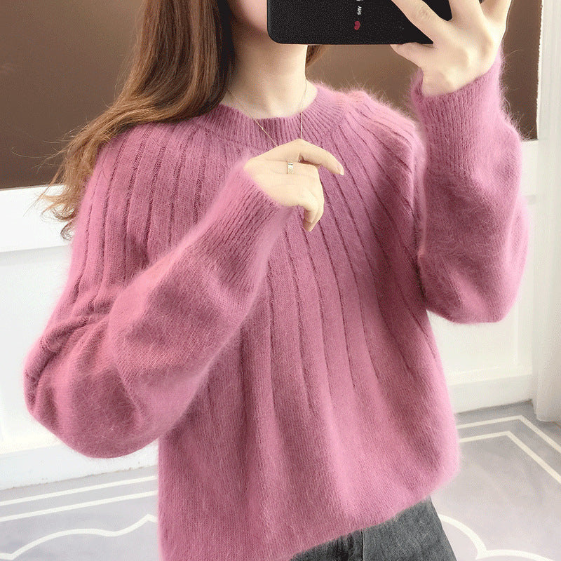 Women's Luna cashmere-blend ribbed knit sweater, round neck classic fit, ultra-soft winter warmth