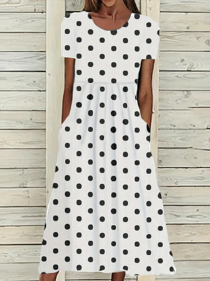 Women's black white polka dot midi dress retro chic mid-calf length vintage-inspired feminine silhouette