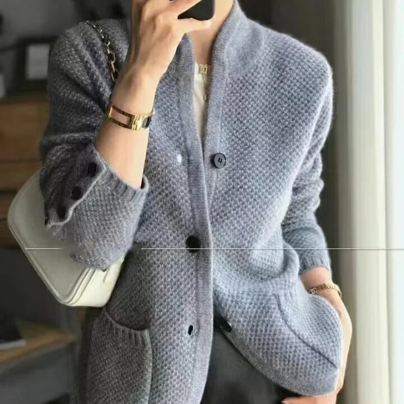 Women's textured knit button cardigan structured silhouette cozy warm classic style