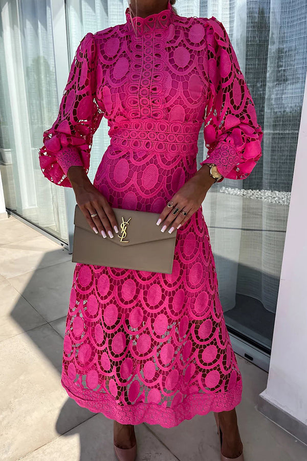 Women's elegant ivory lace midi dress A-line silhouette with long sleeves flattering modern fit