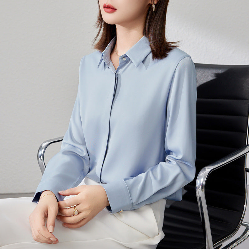 Women's elegant long-sleeve satin blouse in luxurious finish, versatile urban style for business occasions