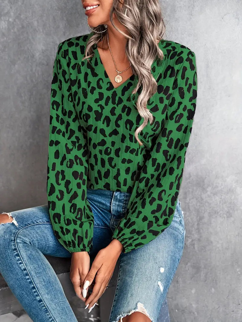 Women's leopard print V-neck blouse casual chic flattering silhouette everyday comfort top