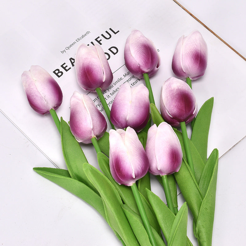 Yellow artificial tulip bouquet with realistic green leaf detailing and soft-touch petals for home decor