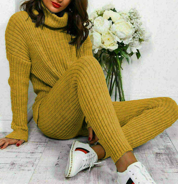 Women's cozy plush knit loungewear set with polo collar top and matching leggings for all-day comfort