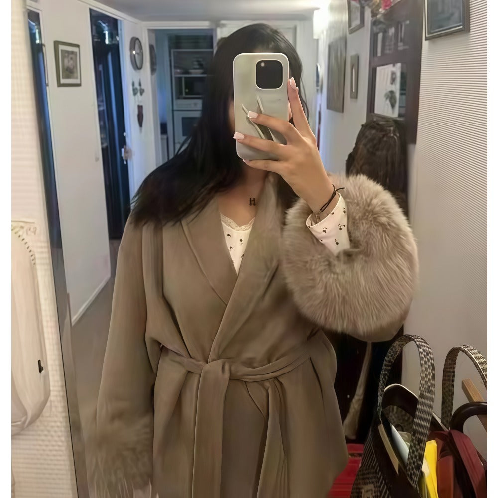 Women's belted faux fur sleeve coat cozy winter warmth elegant casual cold-weather outerwear