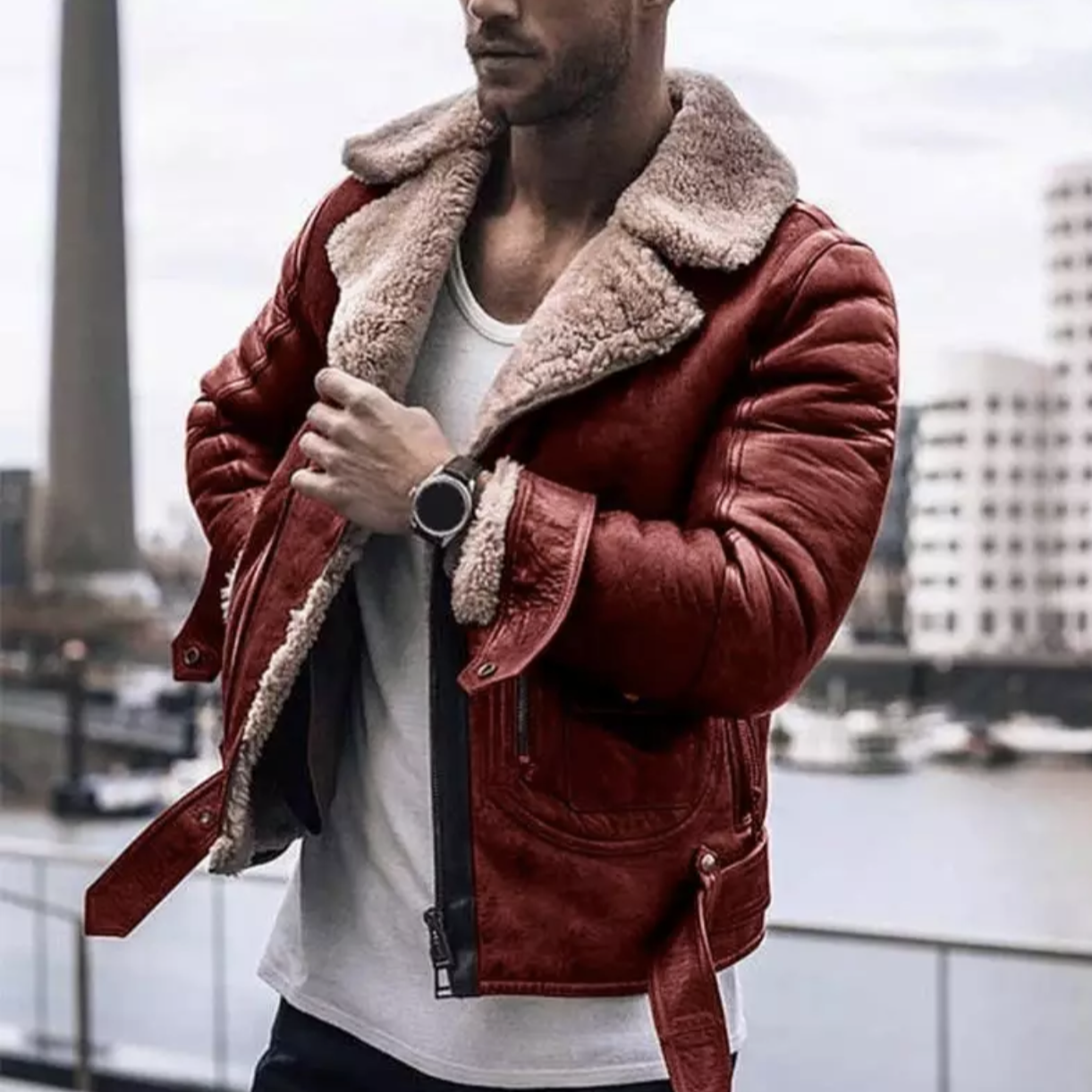 Men's brown vintage aviator bomber jacket with lined collar, urban winter essential warm fit