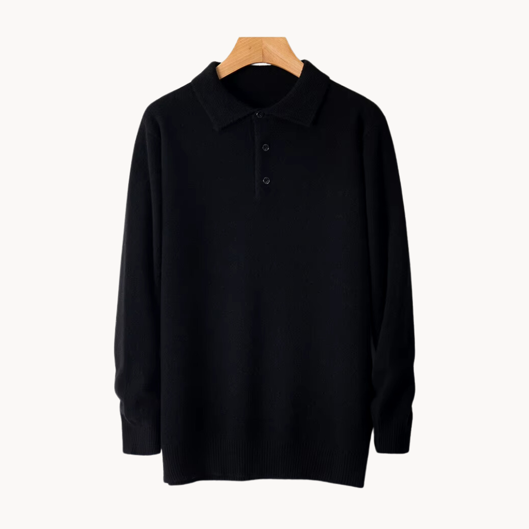Men's merino wool rugby polo shirt in neutral tweed, relaxed fit with half-button placket