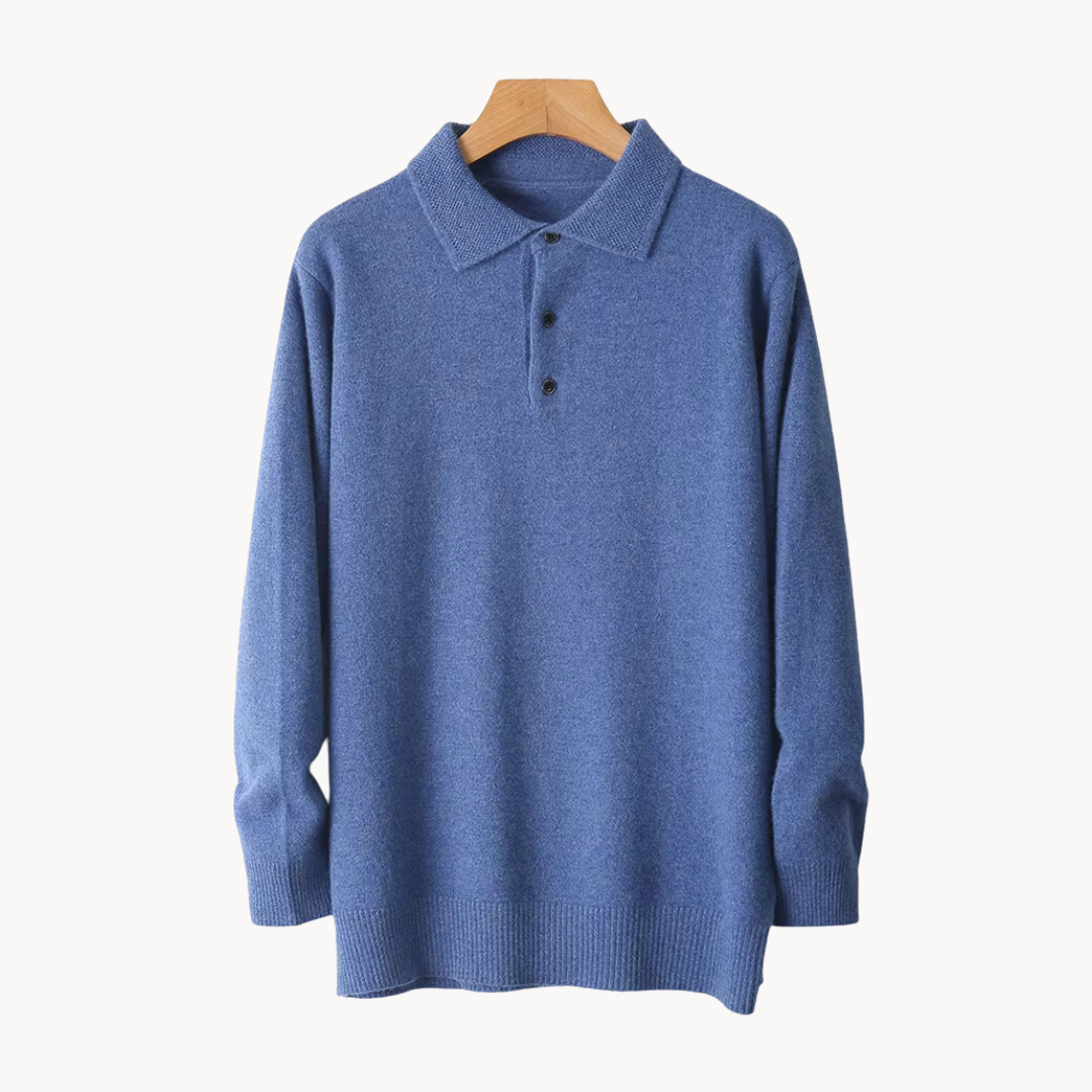 Men's merino wool rugby polo shirt in natural tweed, relaxed fit with half-button placket