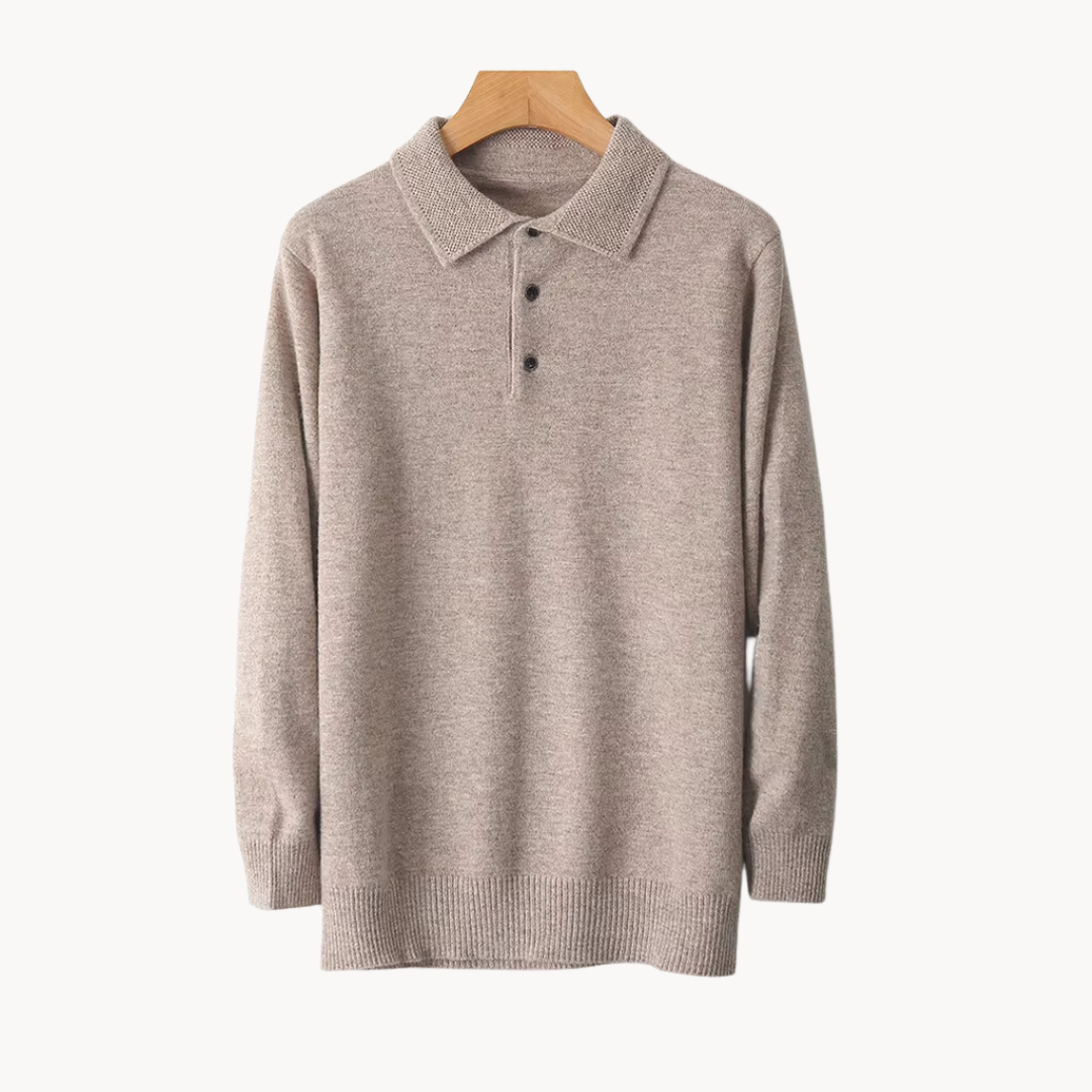Men's merino wool rugby polo shirt in neutral tweed, relaxed fit with half-button placket