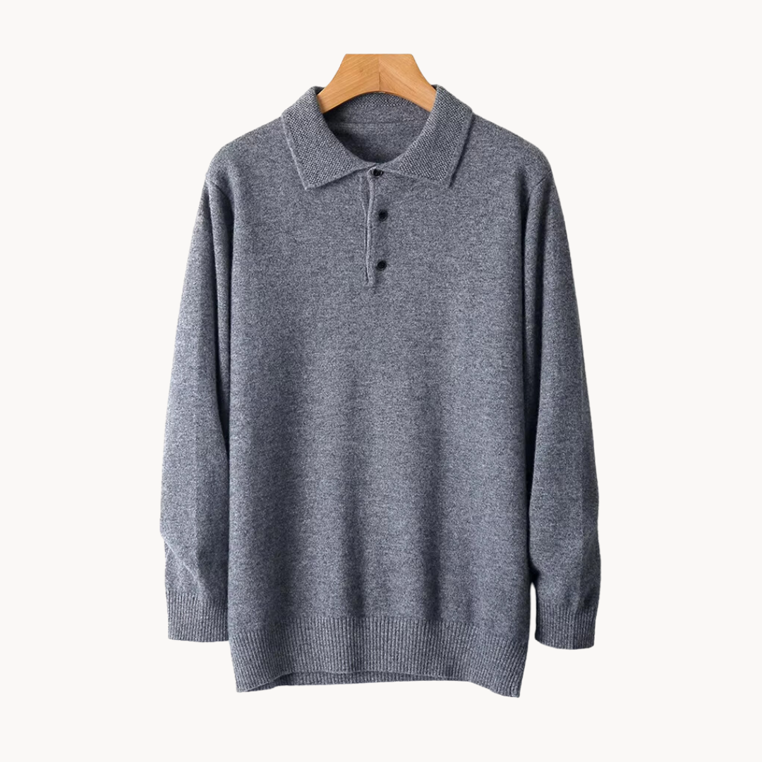 Men's merino wool rugby polo shirt in neutral tweed knit with half-button placket versatile fit