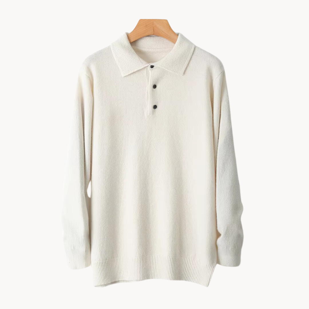 Men's merino wool rugby polo shirt, heathered neutral tone, relaxed fit, half-button placket