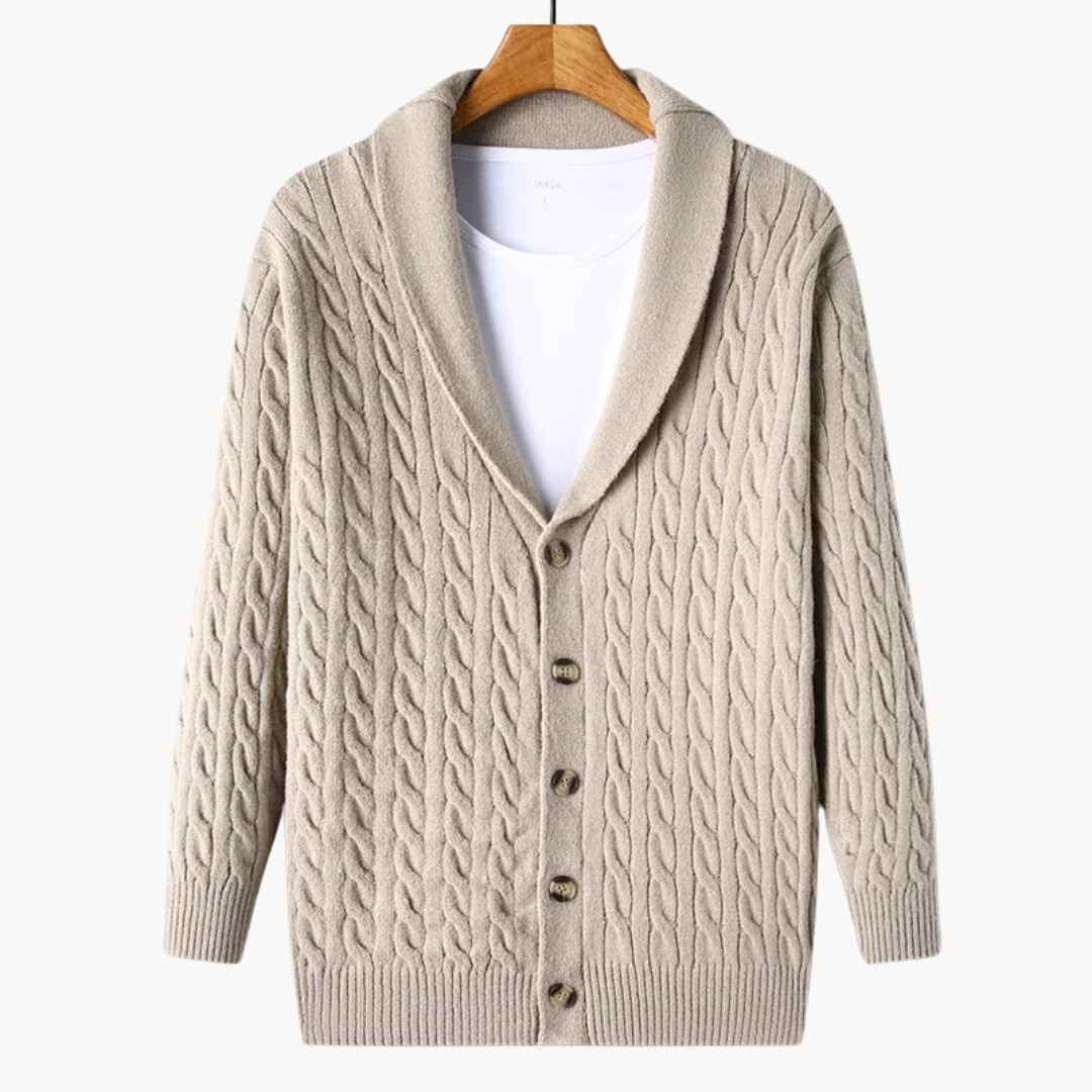 Vael unisex knitted cardigan sweater in neutral tone medium-weight knit with relaxed everyday fit