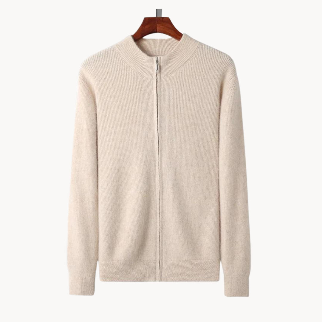 Unisex pure wool sweater with full-length zipper, relaxed raglan sleeves, modern fit everyday essential