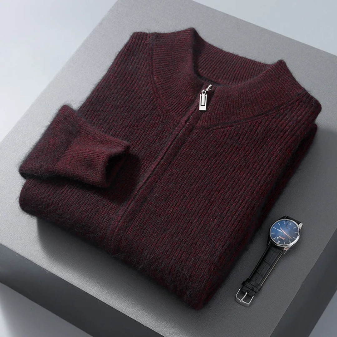Unisex pure wool sweater in neutral tone, relaxed raglan fit with full-length zipper for everyday elegance