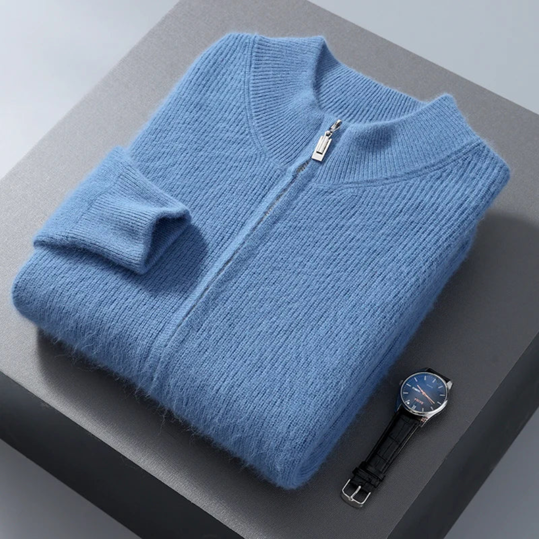 Unisex pure wool sweater with full-length zipper, relaxed raglan sleeves, modern silhouette everyday essential