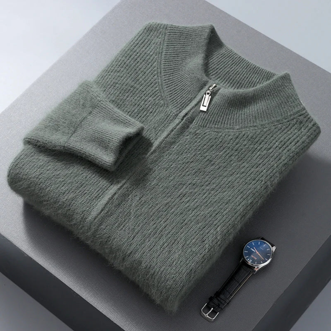 Unisex pure wool sweater with full-length zipper, raglan sleeves, relaxed fit, modern everyday essential