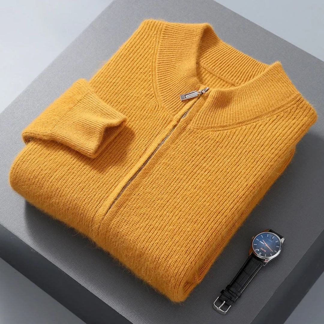 Unisex pure wool sweater with full-length zipper, raglan sleeves, relaxed modern fit for everyday elegance