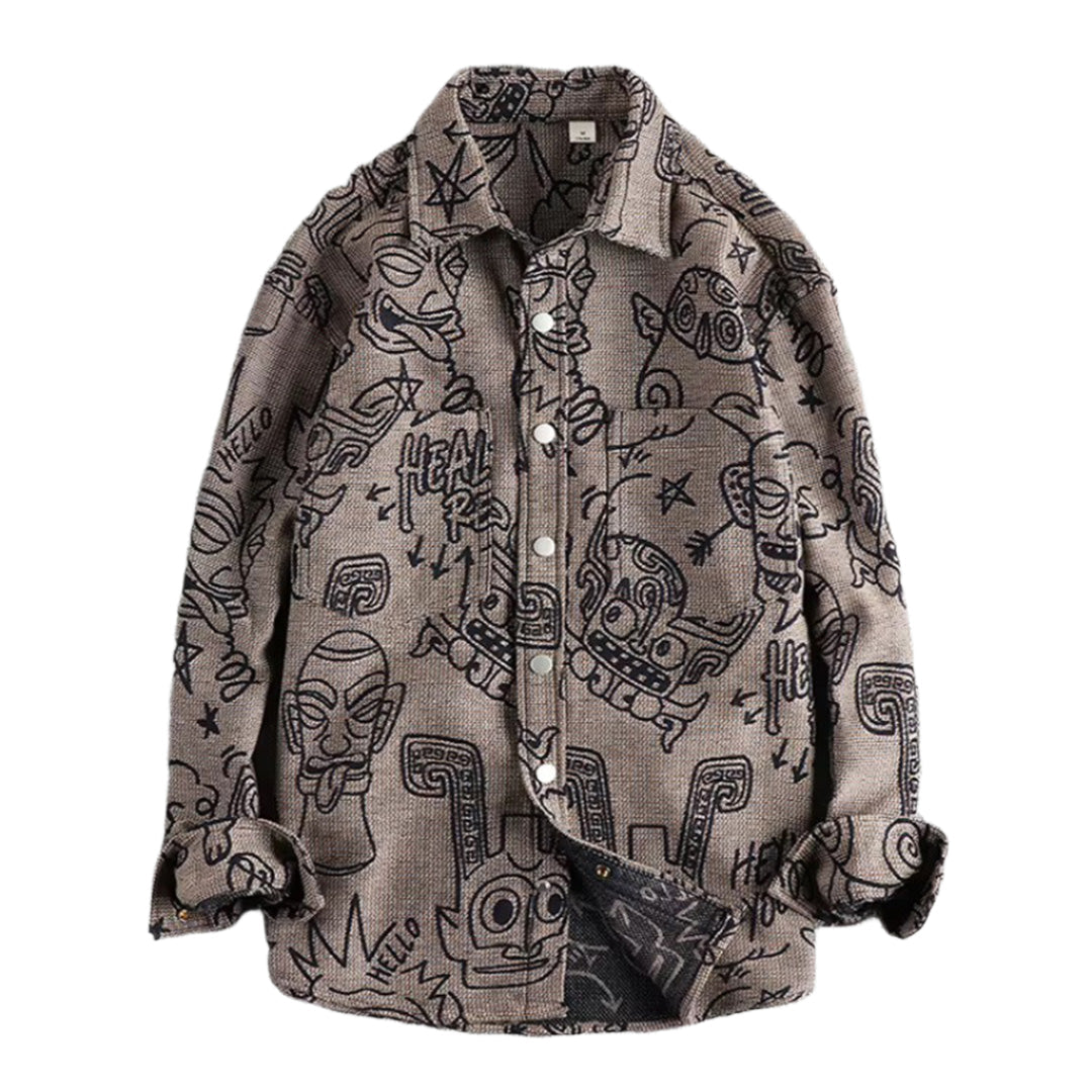 Comic strip graphic print cotton shirt, relaxed oversized fit, snap button-up, turn-down collar