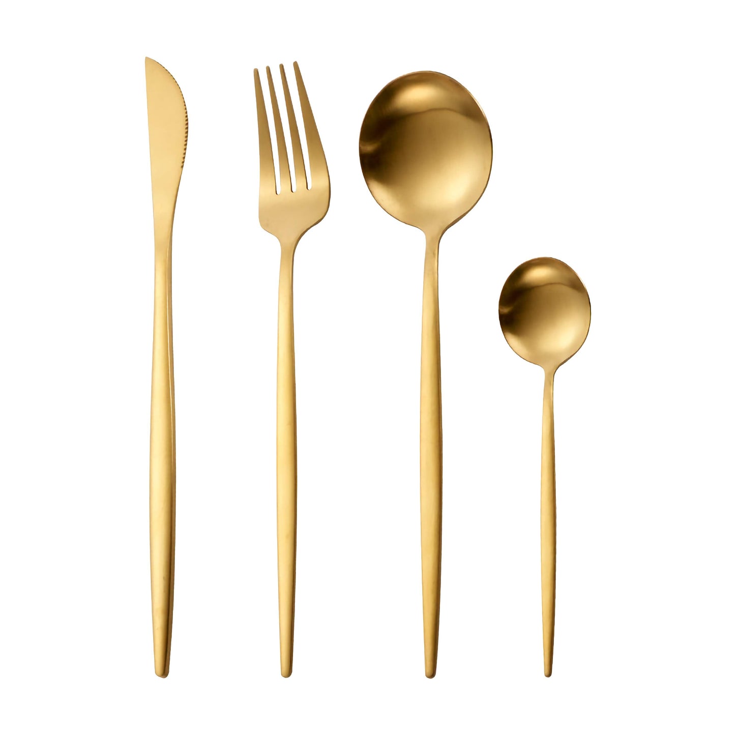 Matte gold flatware set sleek minimalist design stainless steel comfortable handles modern table