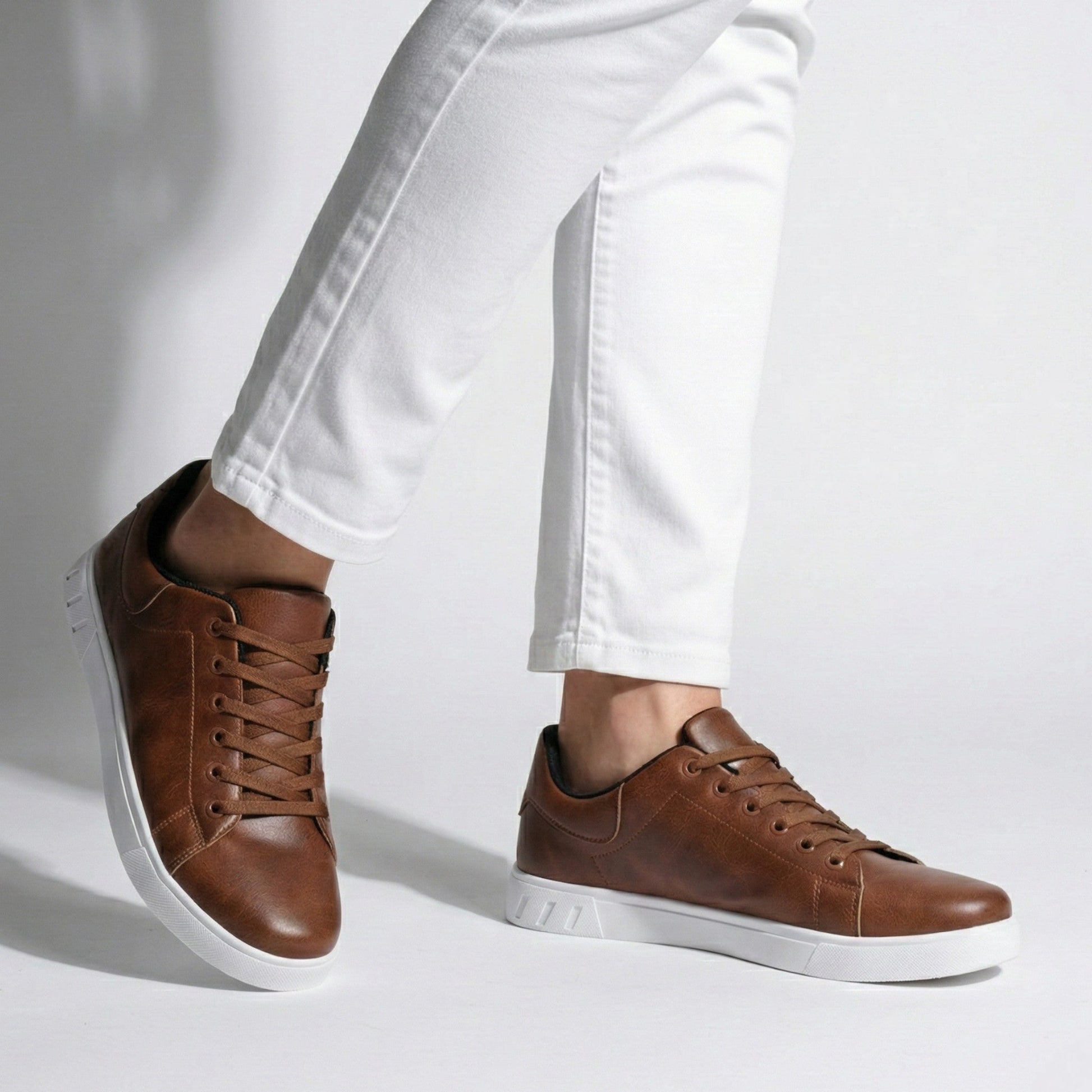 Men's polished leather low-top sneakers in classic style with durable polyurethane upper for all-day wear