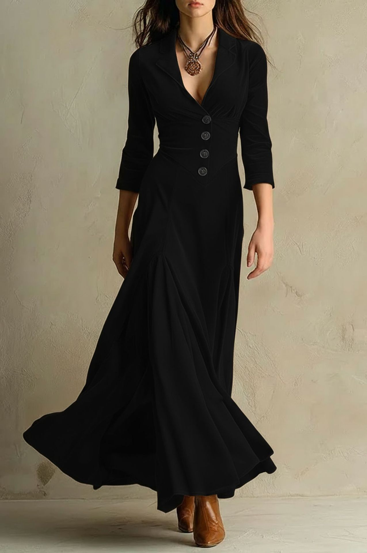 Brown velvet long dress 70s blazer-style suit collar retro elegant gown with rich plush drape
